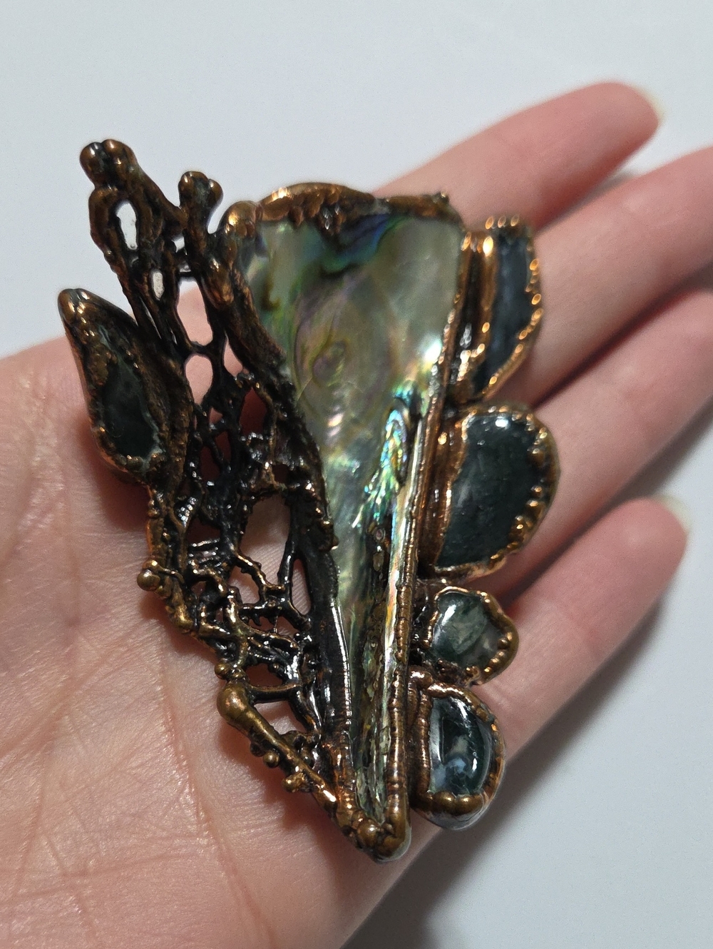 Vintage Large Chunky Abstract abalone Moss Agate Brooch Cooper? Unique statement - Picture 3 of 9